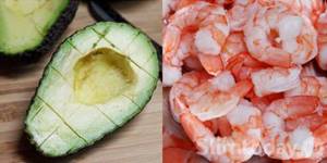 Diet salad with avocado and shrimp. Salad with shrimp and avocado 
