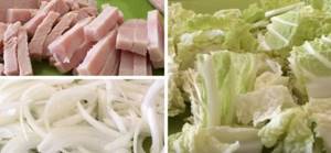 chop the ham, onion and Chinese cabbage