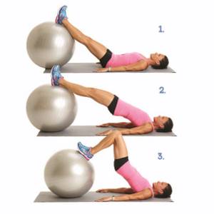 Raising the pelvis and bending the legs for the biceps of the thigh on a fitball