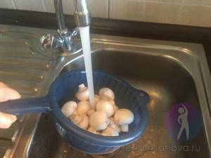 washing champignons in a colander