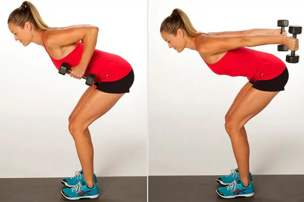 Bent-over arm extensions with dumbbells