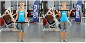 Wide-grip barbell curls in a standing position. A plastic aerobics bar may be a good place to start. 