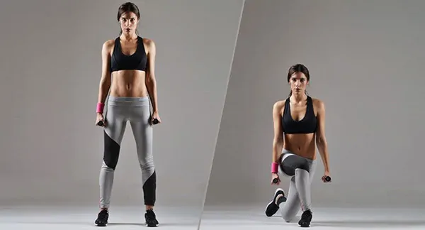 Lunges with dumbbells in curtsy style