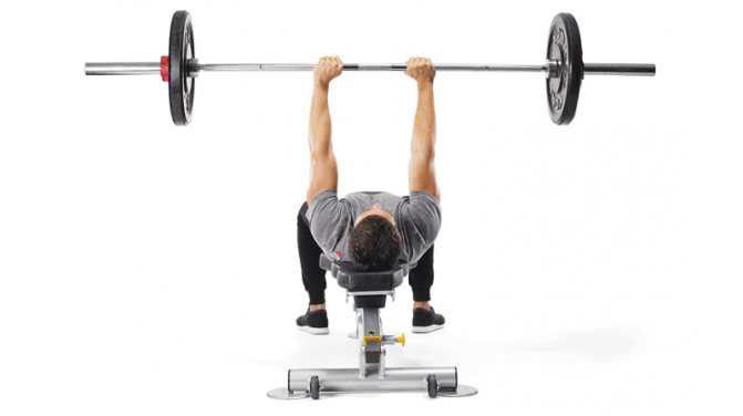 Bench press with a narrow grip, lying on a horizontal bench